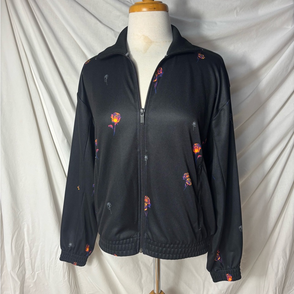 Adidas Black Floral Logo Zip Athletic Jacket M